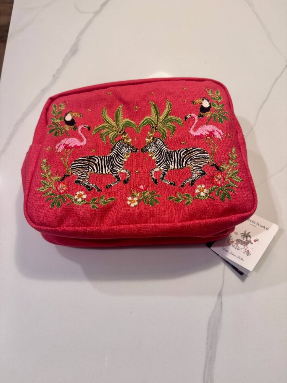 NWT Elizabeth Scarlett Blush Pink Cotton Wash Bag, Wild Zebra Palm